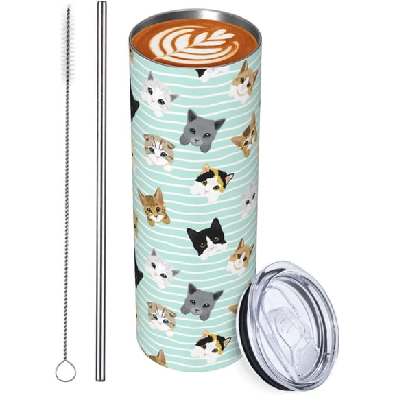 20oz Cute Cat Insulated Tumbler With Lid And Straw, 3d Print Vacuum Cat Travel Mug Stainless Steel Coffee Tumbler Cup, Cat Gifts Cat Lover Tumbler for Cat Mom Women Girl