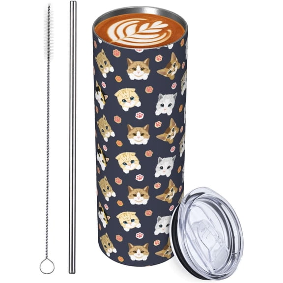 20oz Cute Cat Insulated Tumbler With Lid And Straw, 3d Print Vacuum Cat Travel Mug Stainless Steel Coffee Tumbler Cup, Cat Gifts Cat Lover Tumbler for Cat Mom Women Girl