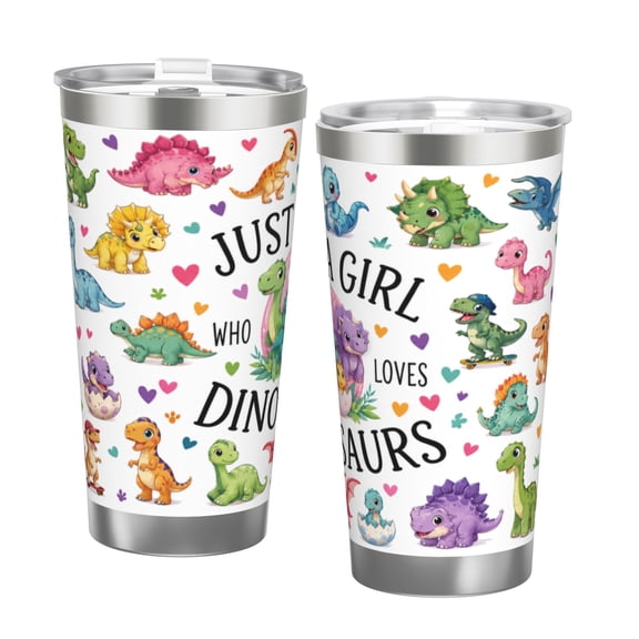 20oz Cute Dinosaur Girl Tumbler Insulated Car Cup Cartoon Dino Travel Coffee Cup Gift with Double Silver Rim
