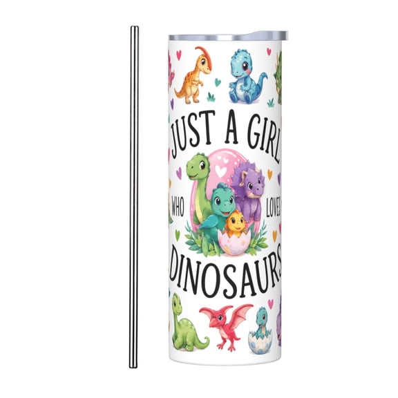 20oz Cute Dinosaur Girl Tumbler Insulated Car Cup Cartoon Dino Travel Coffee Cup Gift with Stainless Steel Straw
