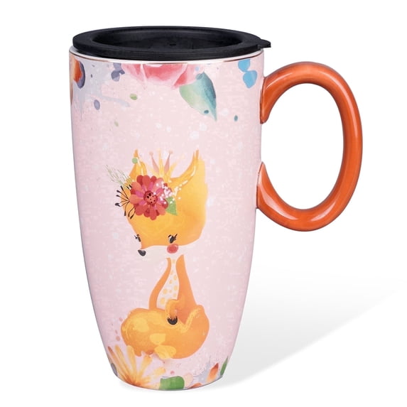 EPFamily 20 oz Large Cute Fox Ceramic Coffee Mug with Lid & handle,Big Pink Cup for Teachers & Commuters,Microwave Dishwasher Safe