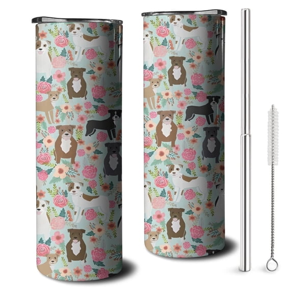 20oz Cute Pitbull Terriers Dog and Flower Skinny Tumblers Stainless Steel Tumbler with Lid and Straw,Vacuum Insulated Double Wall Travel Tumbler Cups with Cleaning Brush for Coffee,Tea