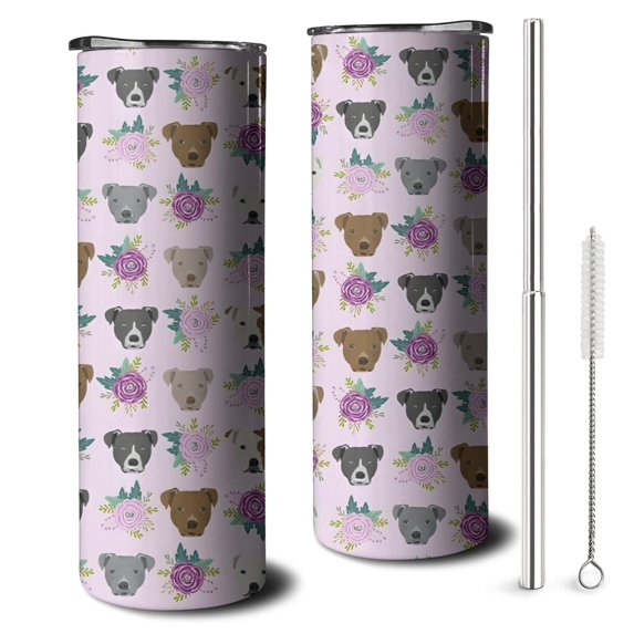 20oz Cute Pitbull Terriers Dog and Flower Skinny Tumblers Stainless Steel Tumbler with Lid and Straw,Vacuum Insulated Double Wall Travel Tumbler Cups with Cleaning Brush for Coffee,Tea