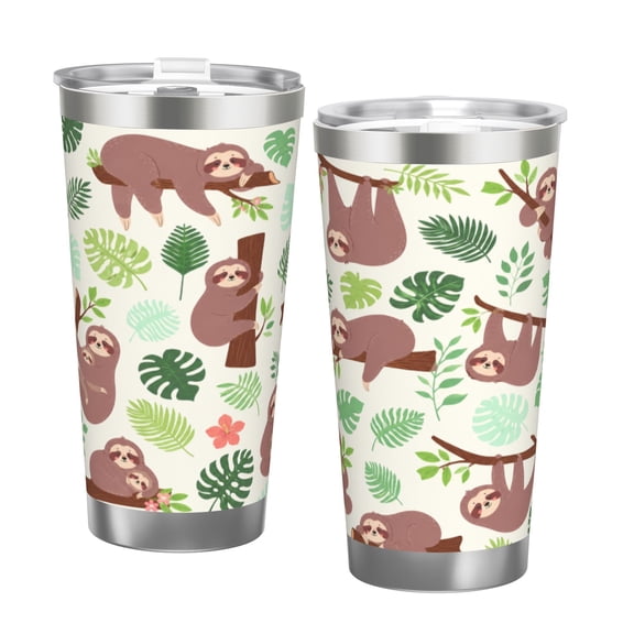 20oz Cute Sloth Tumbler with Handle and Straw Tropical Jungle Leaves Stainless Steel Insulated Travel Coffee Cup Gift with Double Silver Rim
