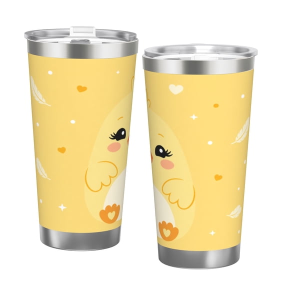 20oz Cute Yellow Chick Tumbler with Handle and Straw Cartoon Insulated Travel Coffee Cup Gift with Double Silver Rim