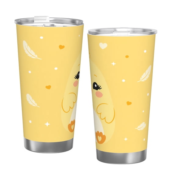 20oz Cute Yellow Chick Tumbler with Handle and Straw Cartoon Insulated Travel Coffee Cup Gift with Single Silver Rim