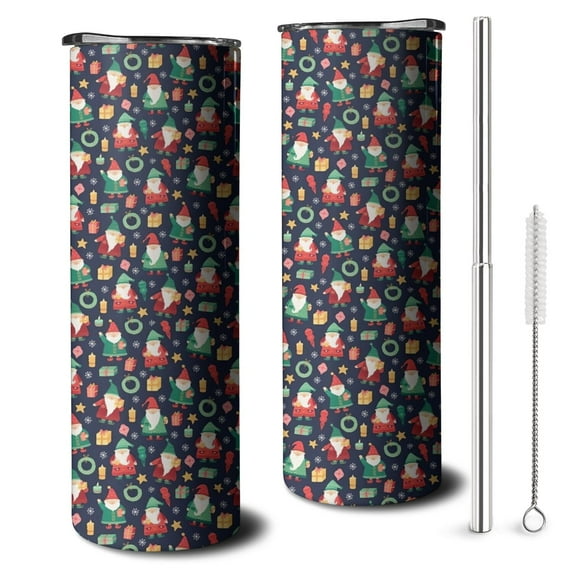 20oz Dark Blue Christmas Santa and Gnome Pattern Skinny Tumblers Stainless Steel Tumbler with Lid and Straw,Vacuum Insulated Double Wall Travel Tumbler Cups with Cleaning Brush for Coffee,Tea