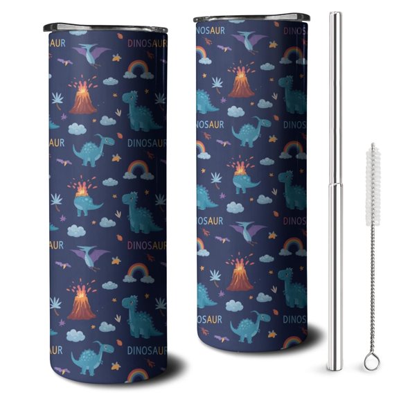 20oz Dark Blue Dinosaur Volcano Pattern Skinny Tumblers Stainless Steel Tumbler with Lid and Straw,Vacuum Insulated Double Wall Travel Tumbler Cups with Cleaning Brush for Coffee,Tea