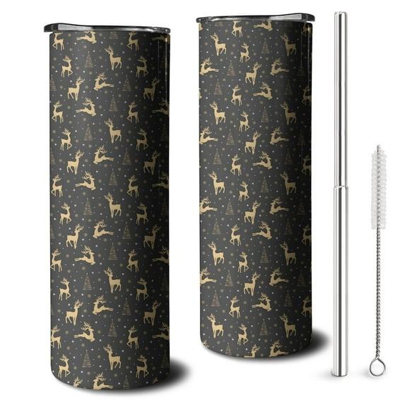 20oz Dark Christmas Golden Reindeer Pattern Skinny Tumblers Stainless Steel Tumbler with Lid and Straw,Vacuum Insulated Double Wall Travel Tumbler Cups with Cleaning Brush for Coffee,Tea