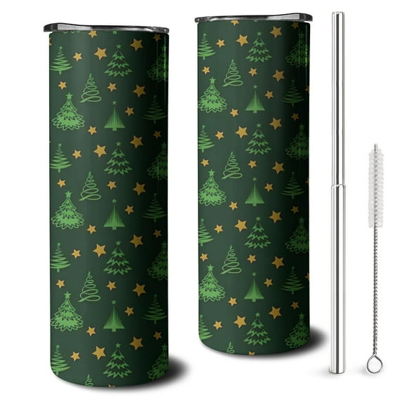 20oz Dark Green Christmas Tree and Star Pattern Skinny Tumblers Stainless Steel Tumbler with Lid and Straw,Vacuum Insulated Double Wall Travel Tumbler Cups with Cleaning Brush for Coffee,Tea