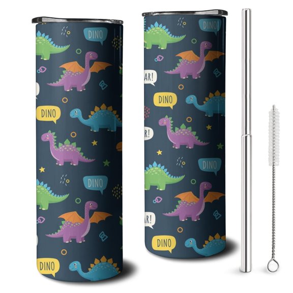 20oz DarkBlue Cartoon Dinosaurs SpeechBubbles Pattern Skinny Tumblers Stainless Steel Tumbler with Lid and Straw,Vacuum Insulated Double Wall Travel Tumbler Cups with Cleaning Brush for Coffee,Tea