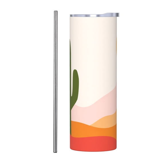 20oz Desert Cactus Travel Tumbler Gift Insulated Car Cup Western Desert Landscape Stainless Steel Coffee Cup with Handle and Straw with Stainless Steel Straw