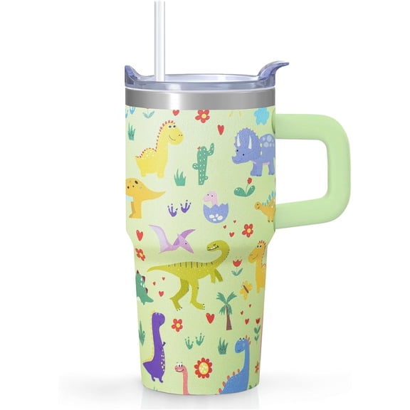20oz Dinosaur Tumbler with Handle, Insulated Stainless Steel Cup with Rotating Lid & Straw, Leak-Proof Water Bottle for Kids Boys Girls Women, Birthday Christmas Back to School Gift