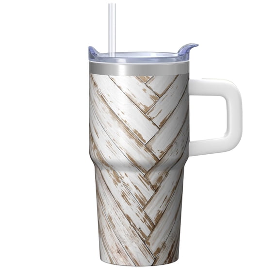 20oz Double Wall Insulated Coffee Travel Mug with Handle, Geometric Design Stainless Steel Tumbler Leak-Proof with Straw