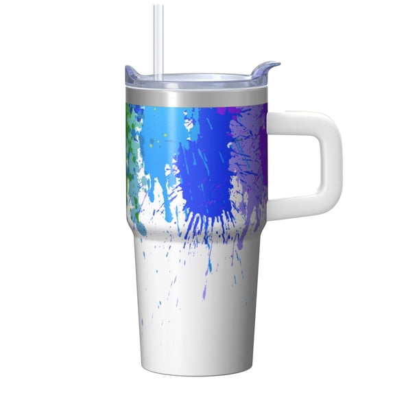 20oz Double Wall Insulated Handle Tumbler Stainless Steel Geometric Pattern Leak Proof Lid With Straw Travel Mug