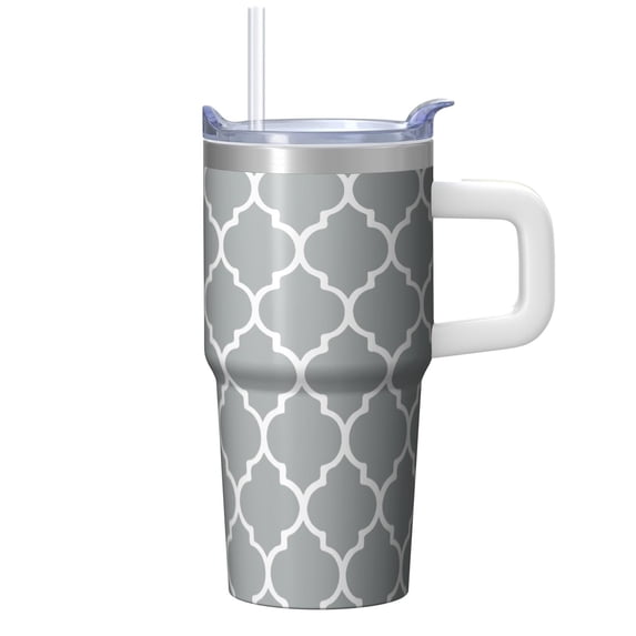 20oz Double Wall Textured Handle Tumbler, Stainless Steel Insulated Travel Coffee Mug, Geometric Pattern Leak Proof Design