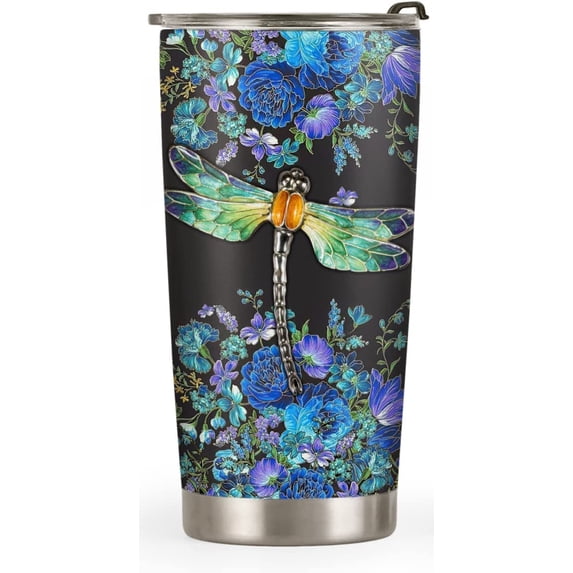 20oz Dragonfly Gifts for Women, Valentines Day Gifts for Her, Coffee Thermos, Coffee Gifts for Women, Inspirational Blue Flower Dragonfly Tumbler Cup, Insulated Travel Coffee Mug with Lid