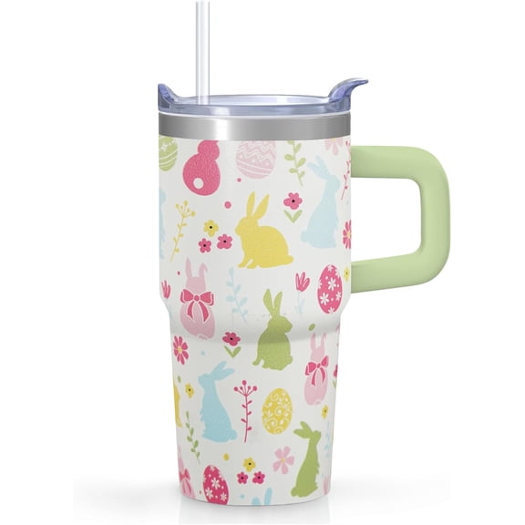 20oz Easter Bunny Tumbler with Handle, Insulated Stainless Steel Cup with Rotating Lid & Straw, Leak-Proof Water Bottle for Kids Girls Women, Easter Birthday Christmas Back to School Gift Idea