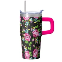 20oz Elegant Floral Pattern Tumbler with Handle and Straw Lid, Chinoiserie Coffee Cup, Double Wall Insulated Travel Mug