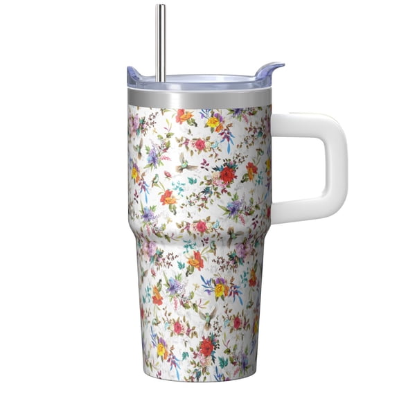 20oz Elegant Floral Vintage Spring Tumbler with Handle and Straw, Chinoiserie Bloom Pattern Coffee Cup, Insulated Travel Mug