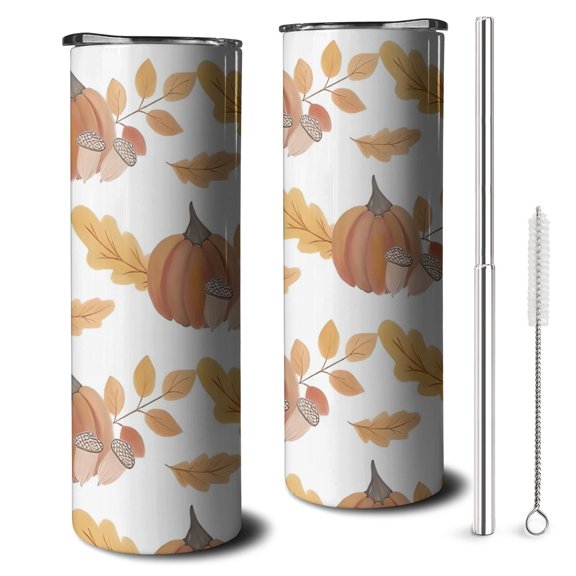 20oz Fall Pumpkins Leaves Pattern Skinny Tumblers Stainless Steel Tumbler with Lid and Straw,Vacuum Insulated Double Wall Travel Tumbler Cups with Cleaning Brush for Coffee,Tea