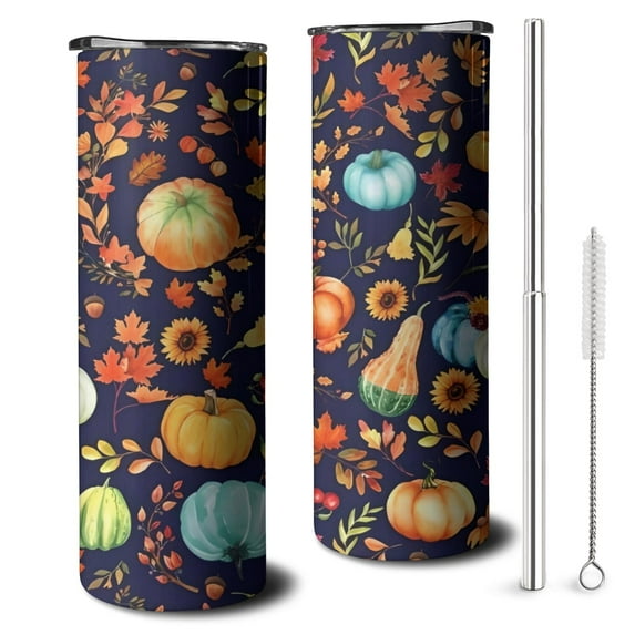 20oz Fall Pumpkins Leaves Pattern Skinny Tumblers Stainless Steel Tumbler with Lid and Straw,Vacuum Insulated Double Wall Travel Tumbler Cups with Cleaning Brush for Coffee,Tea
