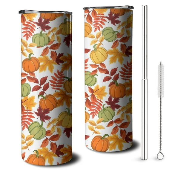 20oz Fall Pumpkins Leaves Pattern Skinny Tumblers Stainless Steel Tumbler with Lid and Straw,Vacuum Insulated Double Wall Travel Tumbler Cups with Cleaning Brush for Coffee,Tea