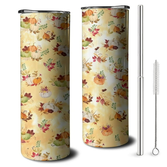 20oz Fall Pumpkins Leaves Pattern Skinny Tumblers Stainless Steel Tumbler with Lid and Straw,Vacuum Insulated Double Wall Travel Tumbler Cups with Cleaning Brush for Coffee,Tea