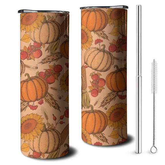 20oz Fall Pumpkins Sunflowers Corn Apples Pattern Skinny Tumblers Stainless Steel Tumbler with Lid and Straw,Vacuum Insulated Double Wall Travel Tumbler Cups with Cleaning Brush for Coffee,Tea