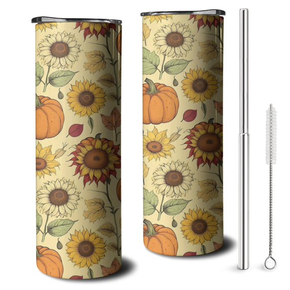 20oz Fall Sunflower Pumpkin Skinny Tumblers Stainless Steel Tumbler with Lid and Straw,Vacuum Insulated Double Wall Travel Tumbler Cups with Cleaning Brush for Coffee,Tea
