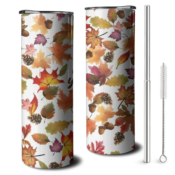 20oz Its Fall Yall Leaves Pattern Skinny Tumblers Stainless Steel Tumbler with Lid and Straw,Vacuum Insulated Double Wall Travel Tumbler Cups with Cleaning Brush for Coffee,Tea