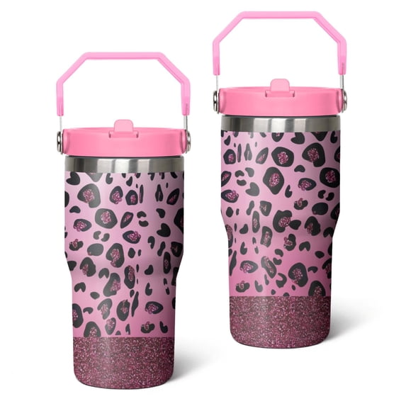 20oz Fashion Leopard Pattern Stainless Steel Tumbler with Top Handle,Travel Coffee Mug Flip Straw Cup,Gifts for Women Girls Men Adults(pink)