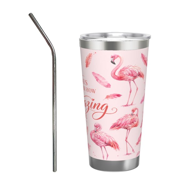 20oz Flamingo Inspirational Quote Travel Tumbler Insulated Car Cup with Handle Straw Stainless Steel Large Capacity Coffee Cup Pink Aesthetic Gift with Stainless Steel Straw
