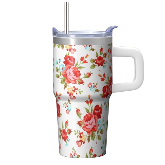 20oz Floral Insulated Tumbler with Handle & Straw, Travel Coffee Cup, Chinoiserie Design for Women Friend Birthday