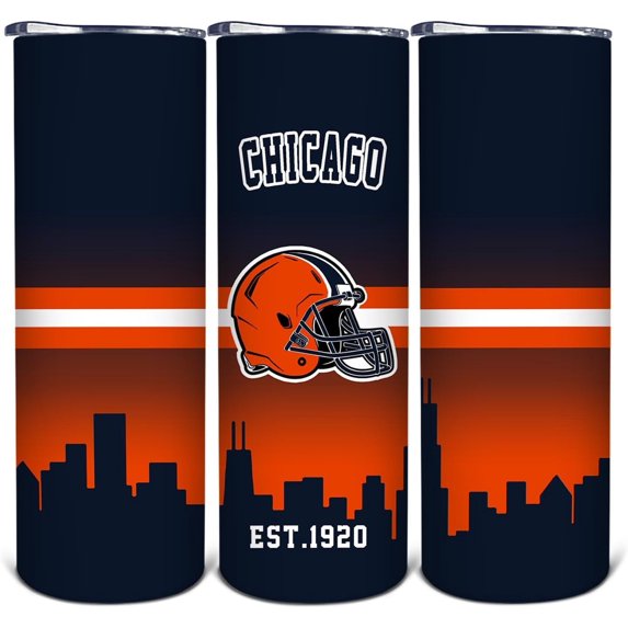 20oz Football Chicago Bears Stainless Steel Tumbler with Lid and Straw for Football Fans Gifts Football Skinny Travel Mug Tumbler Cup for Men Women Keeps Drinks Cold & Hot