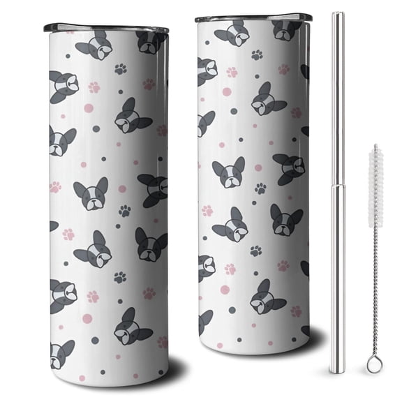 20oz French Bulldog Skinny Tumblers Stainless Steel Tumbler with Lid and Straw,Vacuum Insulated Double Wall Travel Tumbler Cups with Cleaning Brush for Coffee,Tea