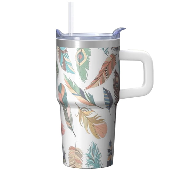 20oz Geometric Design Insulated Travel Mug, Stainless Steel Double Wall Tumbler with Handle Leak Proof Texture Straw