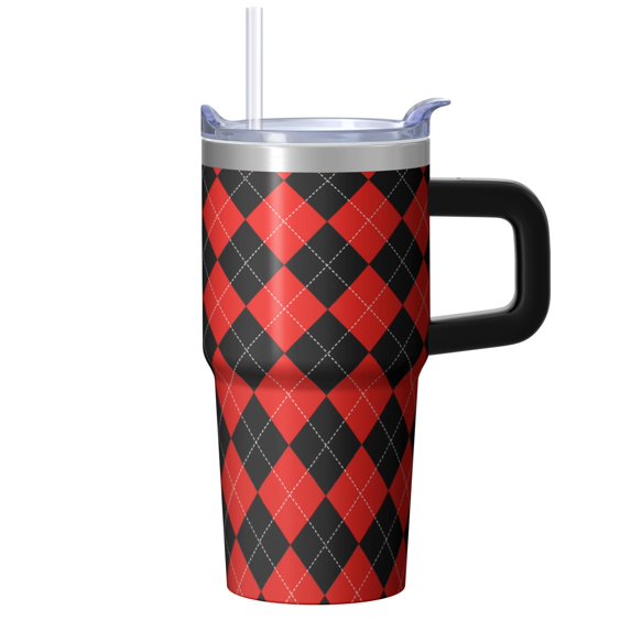 20oz Geometric Design Stainless Steel Travel Mug, Double Wall Insulated Tumbler with Handle Leak Proof Texture Straw