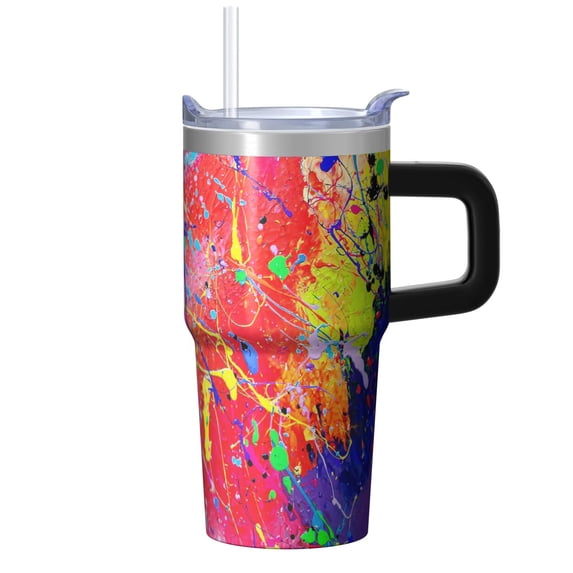 20oz Geometric Pattern Double Wall Tumbler, Stainless Steel Insulated Travel Coffee Mug with Handle Leak Proof Straw