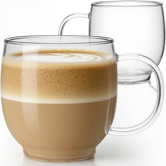 20oz Glass Coffee Mugs Set of 2, Clear Borosilicate Cups | Dishwasher/Microwave Safe, Single-walled, Smooth Rim, Handle Comfort, Large Capacity Fits Hot/Cold Brews