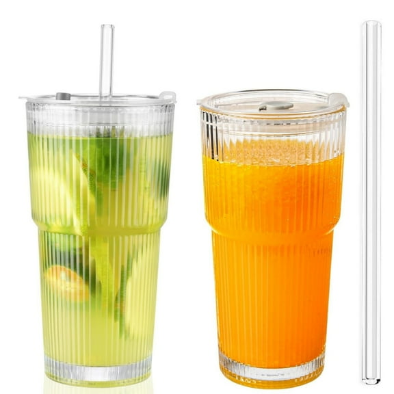 20oz Glass Cup with Lid and Straw, Dingrich 2 Pcs Striped Drinking Cups, Reusable Iced Coffee Mug Glass Tumbler for Latte, Tea, Milk, Juice