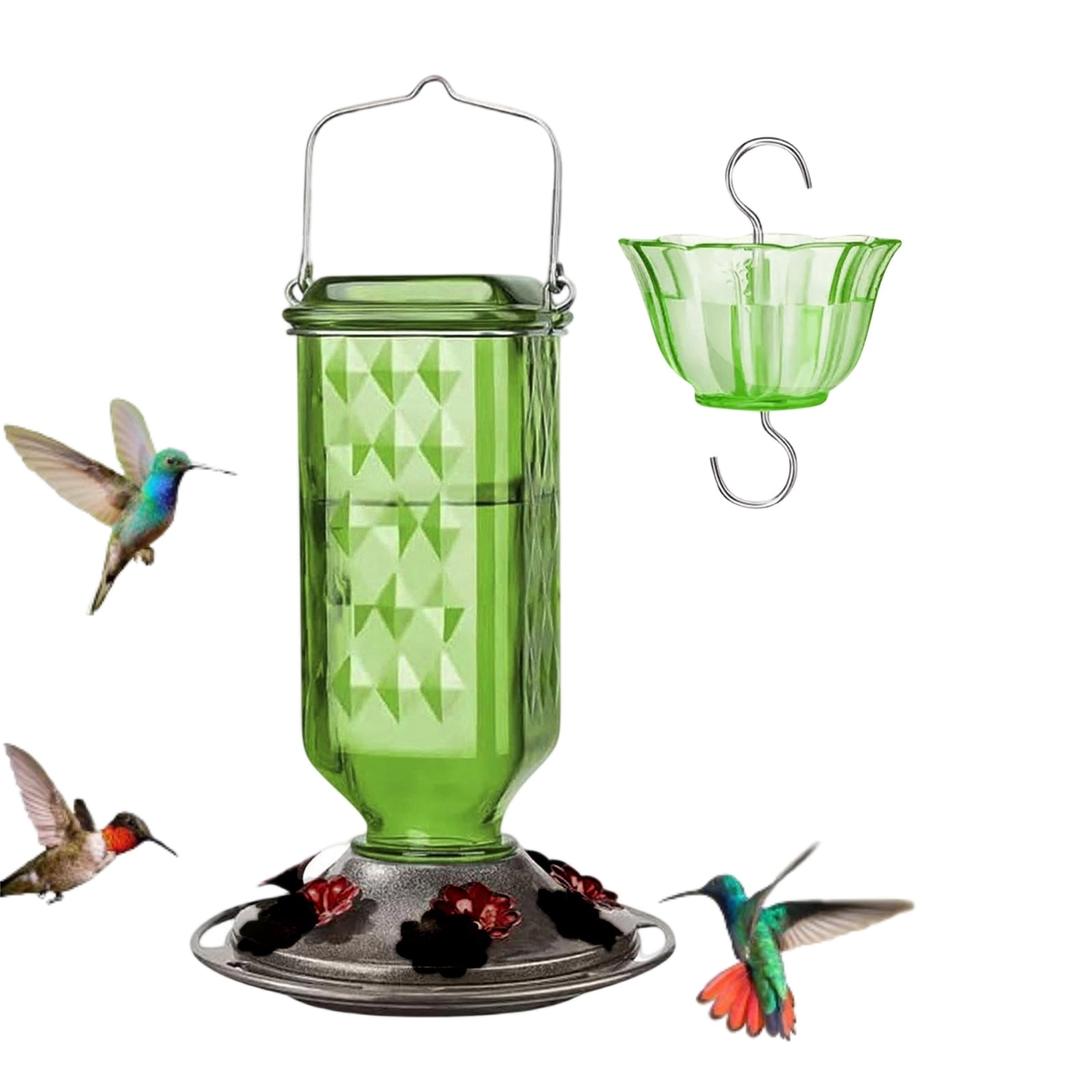 20oz Glass Hummingbird Feeder for Outdoors Hanging, Bird Nectar Feeder with 6 Bee Guard Flower-Shaped Feeding Ports & Built-in Ant Moat, for Bird Lover,B