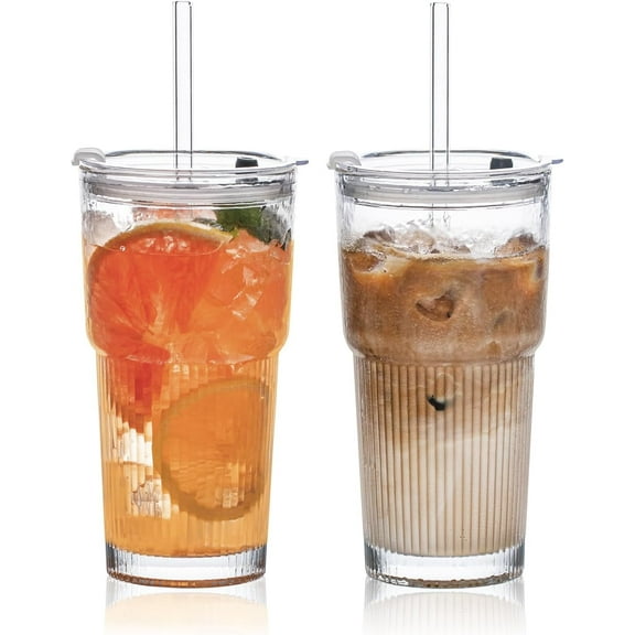 20oz Glass Tumblers with Lids and Straws, Set of 2 - Stylish Ribbed Design Drinking Glasses for Iced Coffee Cups, Juice, Smoothies, Cold Beverages, Includes Cleaning Brush, Durable Glassware