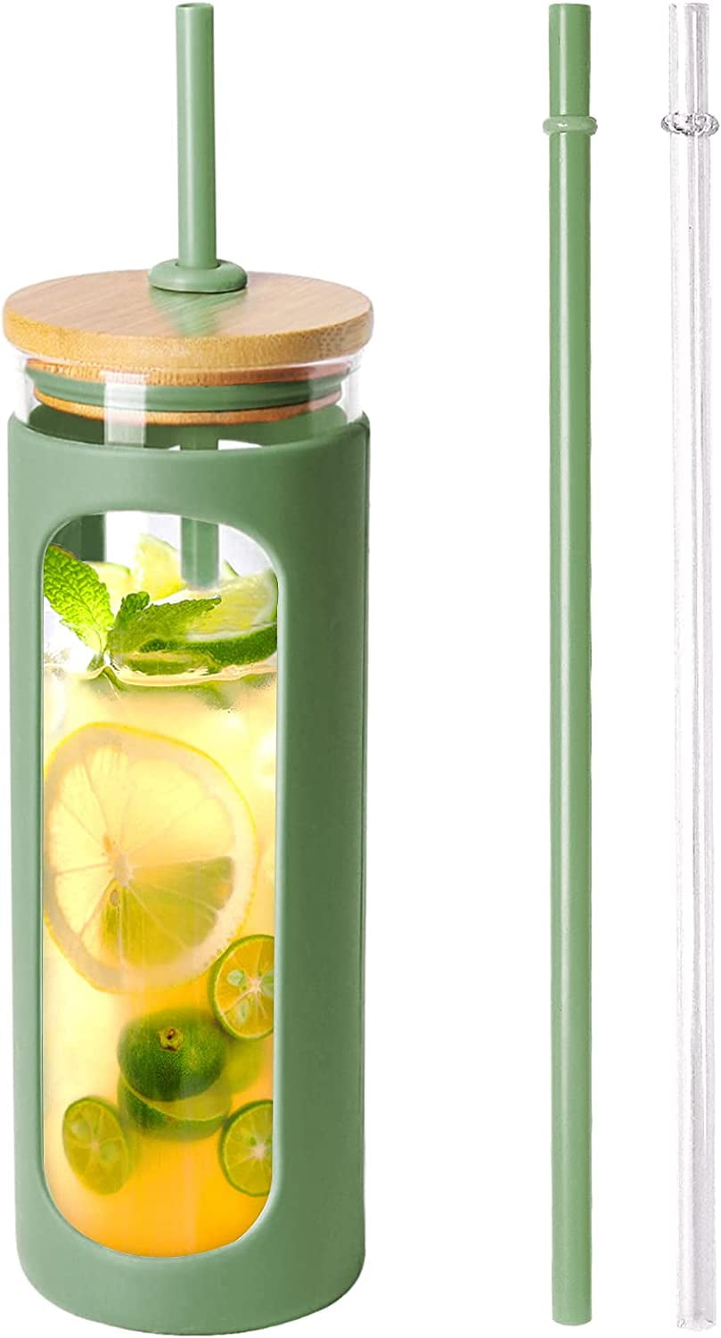 20oz Glass Water Tumbler with Straw and Lid, Bamboo Lids Water Bottle