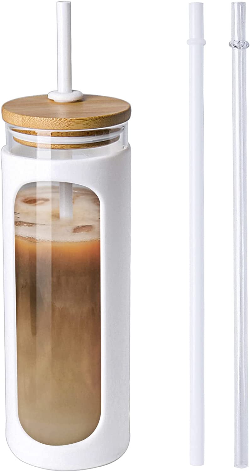 20oz Glass Water Tumbler with Straw and Lid, Bamboo Lids Water Bottle