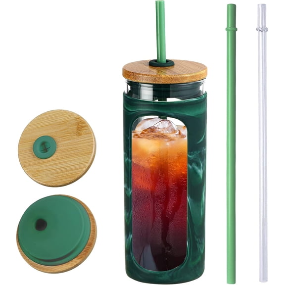 20oz Glass Water Tumbler with Straw and Lid, Bamboo Lids Water Bottle, Iced Coffee Cup Reusable, Wide Mouth Smoothie Cups with Protective Silicone Sleeve BPA FREE-Pink
