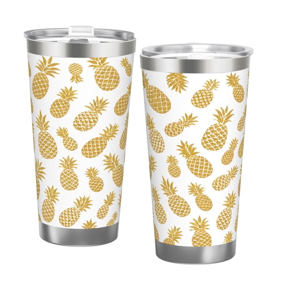 20oz Gold Pineapple Tropical Insulated Tumbler with Handle and Straw Stainless Steel Travel Cup Beach Summer Gift with Double Silver Rim