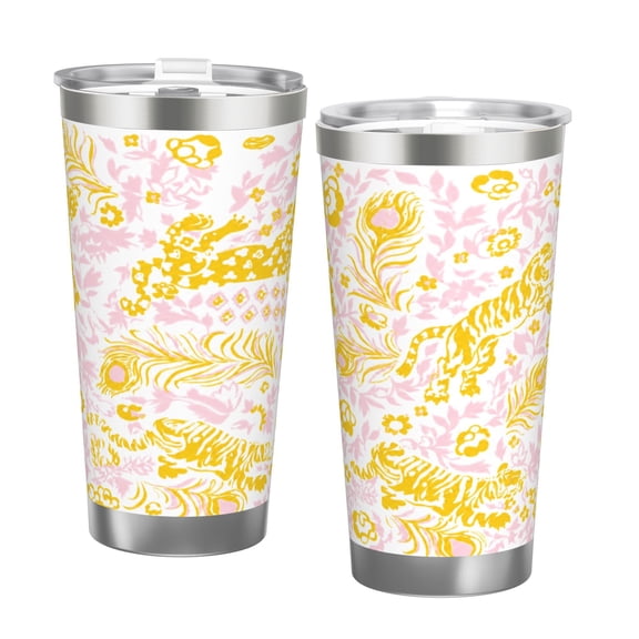 20oz Gold Tiger Floral Tumbler Insulated Car Cup Pink Botanical Travel Coffee Cup Gift for Women with Double Silver Rim