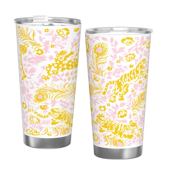 20oz Gold Tiger Floral Tumbler Insulated Car Cup Pink Botanical Travel Coffee Cup Gift for Women with Single Silver Rim
