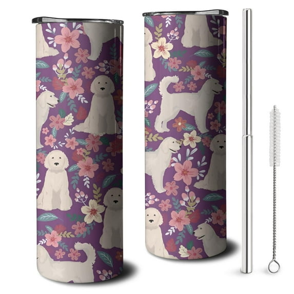 20oz Goldendoodle Dog and Flower Floral Skinny Tumblers Stainless Steel Tumbler with Lid and Straw,Vacuum Insulated Double Wall Travel Tumbler Cups with Cleaning Brush for Coffee,Tea